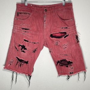 Tessilform Red BLK Denim Moto Distressed Shredded Men Shorts Size 48 Italy Made
